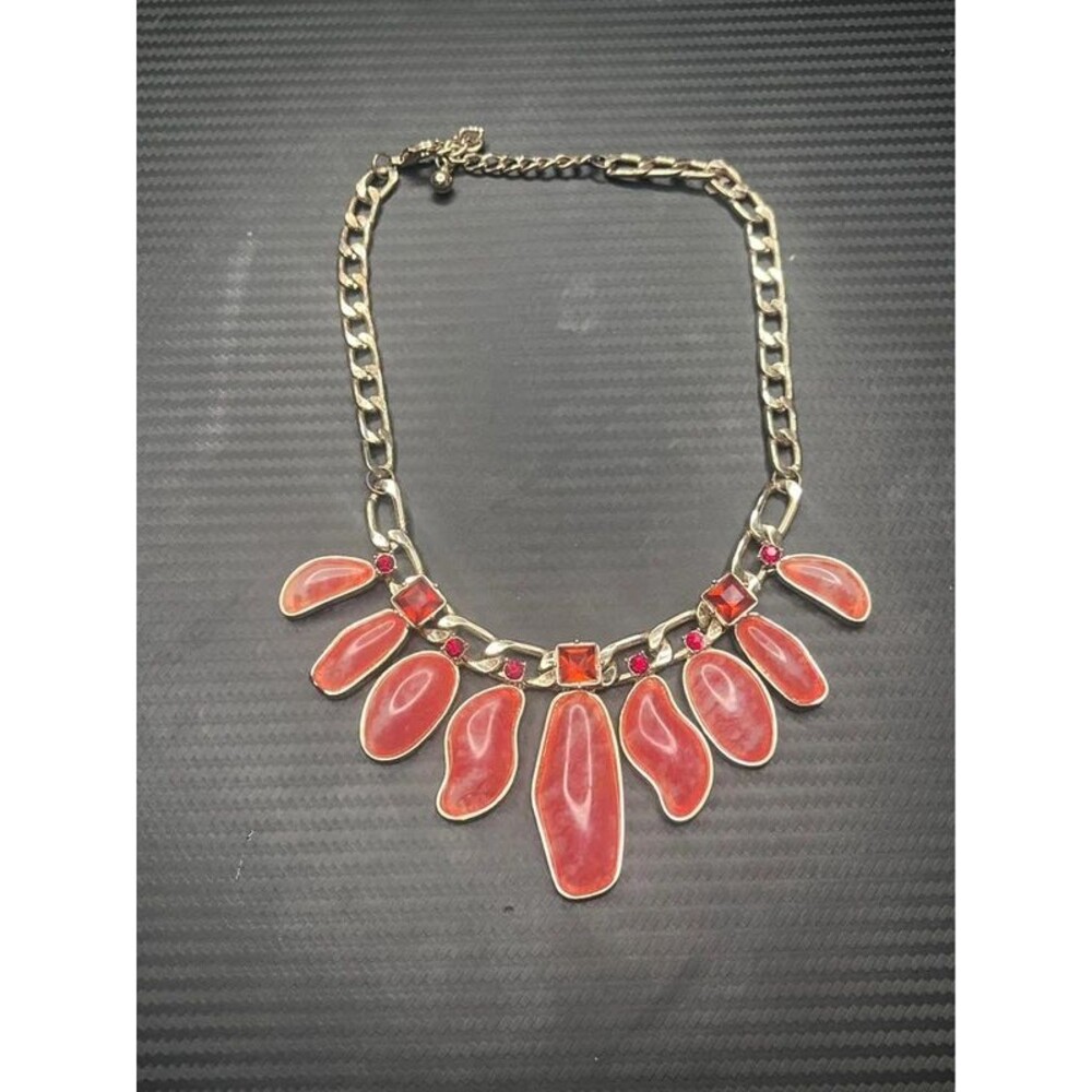 Coral Red Marbled Statement Bib Necklace Antique Gold Tone Rhinestone Boho Chunk